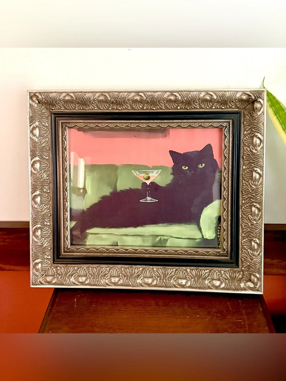 Black Cat Martini Olive Canvas Art Print Green Couch Baroque Ornate Framed Art
